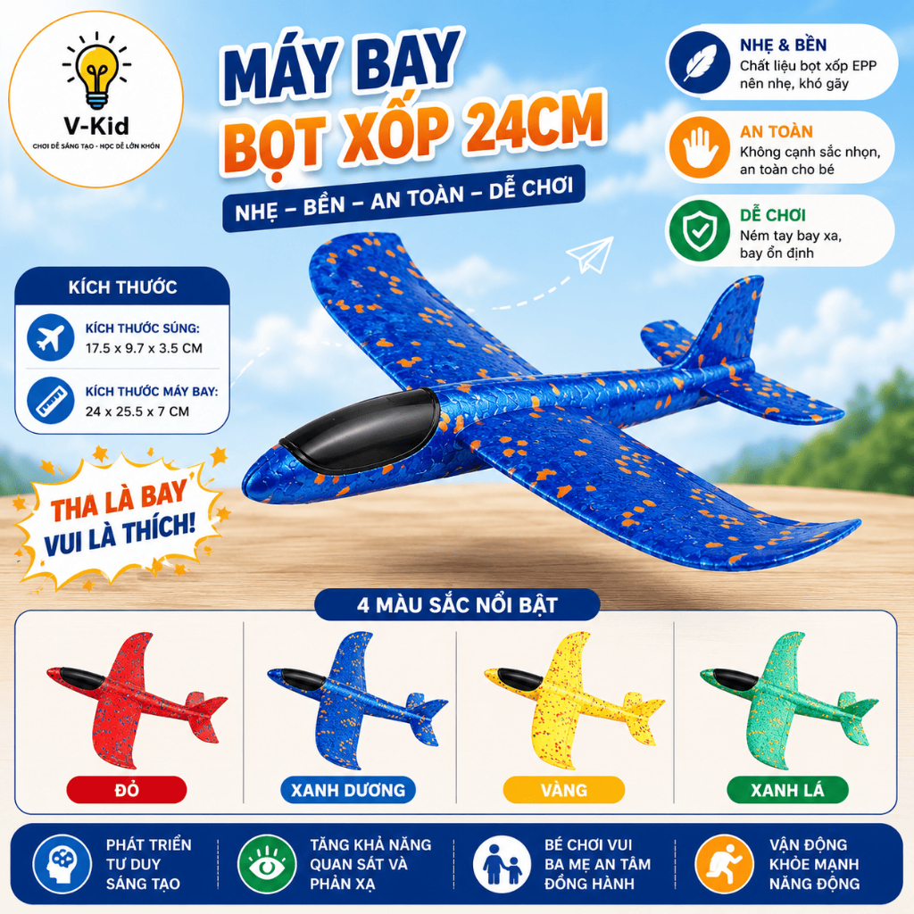 Bộ Đồ Chơi Phóng Máy Bay Xốp EPP Cho Bé, Tay Phóng Cơ Học Không Cần Pin, Bay Xa Vui Nhộn