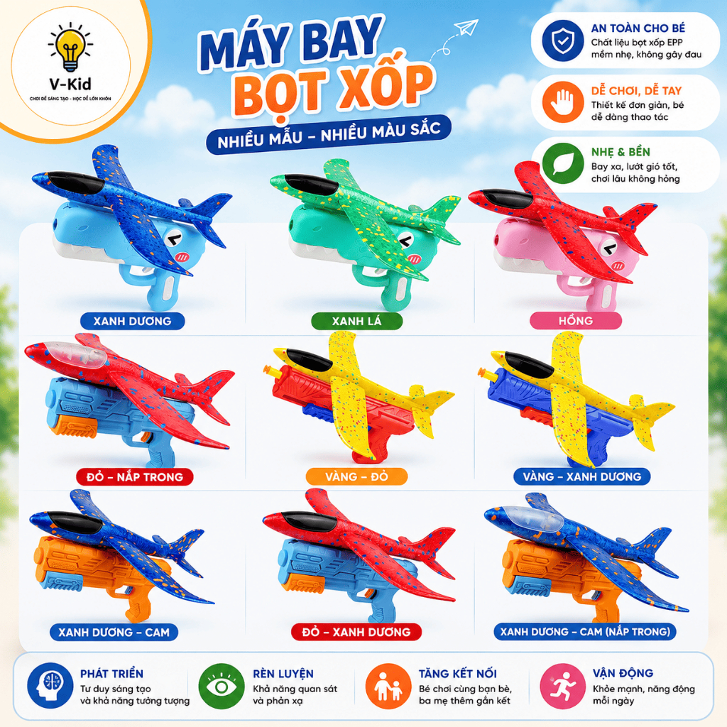 Bộ Đồ Chơi Phóng Máy Bay Xốp EPP Cho Bé, Tay Phóng Cơ Học Không Cần Pin, Bay Xa Vui Nhộn