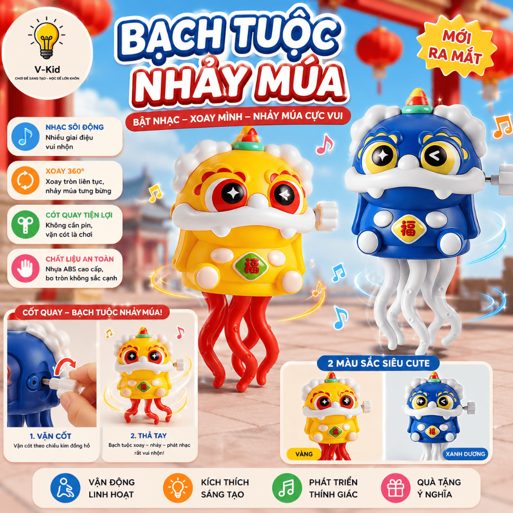Bạch Tuộc Nhảy Múa Vặn Cót Phát Nhạc, Đồ Chơi Xoay Chuyển Động Vui Nhộn Cho Bé