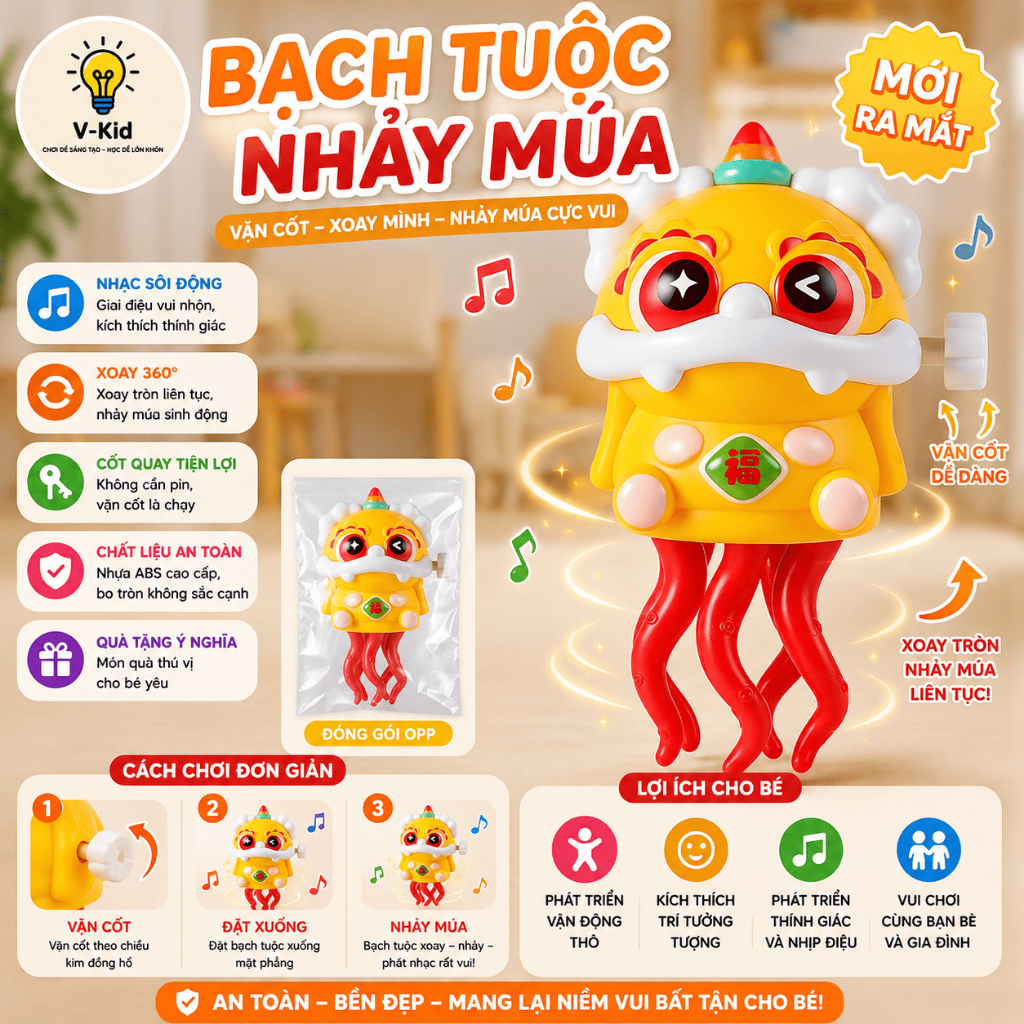 Bạch Tuộc Nhảy Múa Vặn Cót Phát Nhạc, Đồ Chơi Xoay Chuyển Động Vui Nhộn Cho Bé