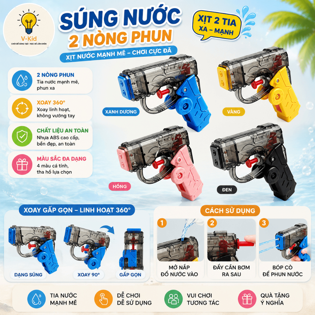 Đồ Chơi Phun Nước 2 Vòi Cho Bé, Gấp Gọn Đổi Hình Xoay 360 Độ, Phun Nước Vui Nhộn Với Bạn Bè